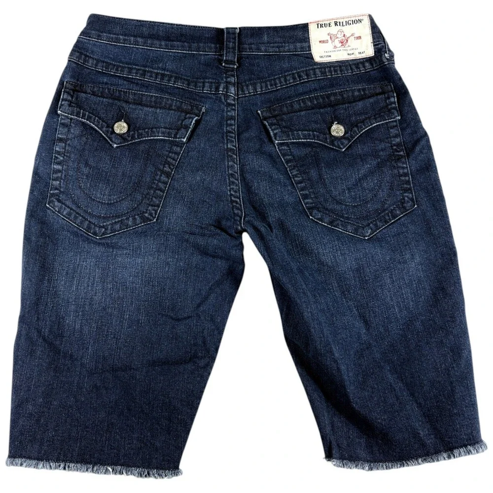 True Religion Ricky Shorts Mens 38 Blue Denim Dark Wash Raw Hem Relaxed Straight